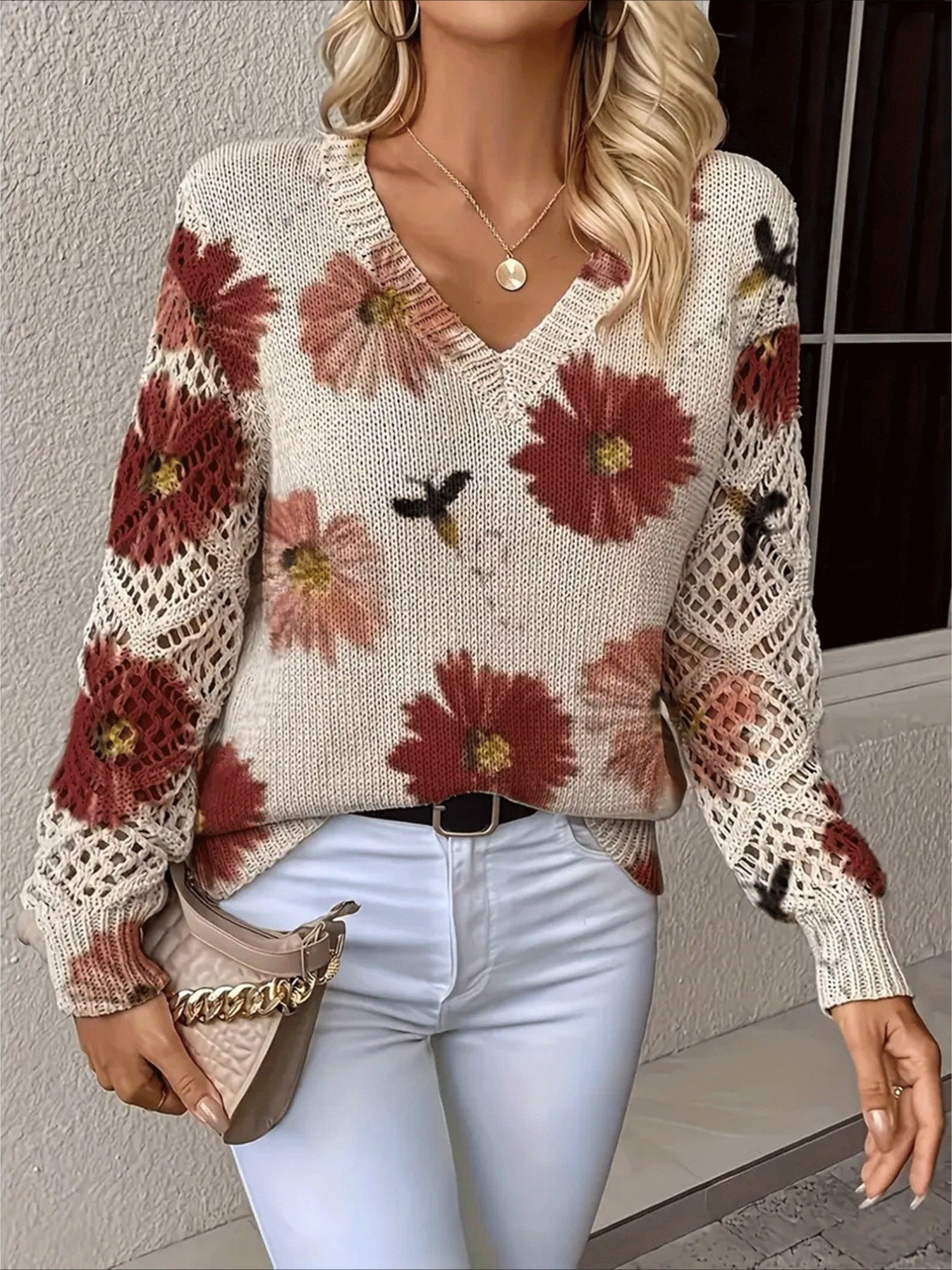 V-Neck Long Sleeve Floral Print Pullover Sweater