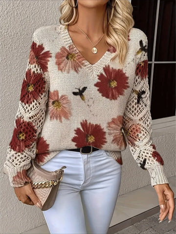 V-Neck Long Sleeve Floral Print Pullover Sweater