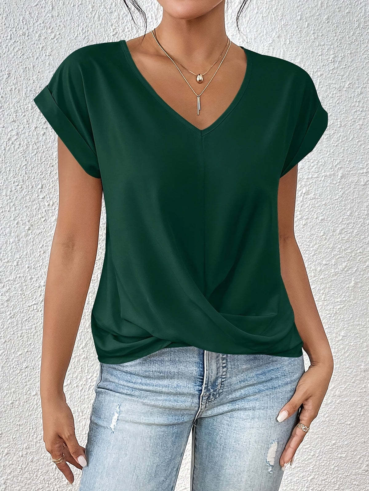 Women's Knot V Neck T-Shirt - Casual Short Sleeve Top