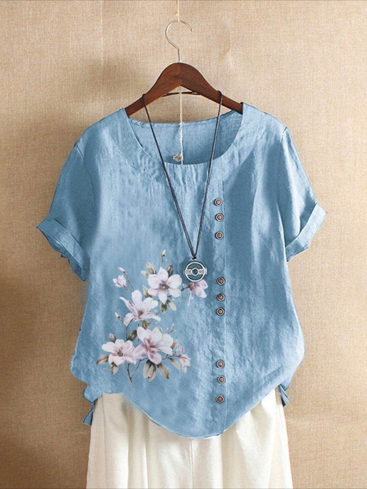 Relaxed Fit Short Sleeve Blouse with Floral Pattern