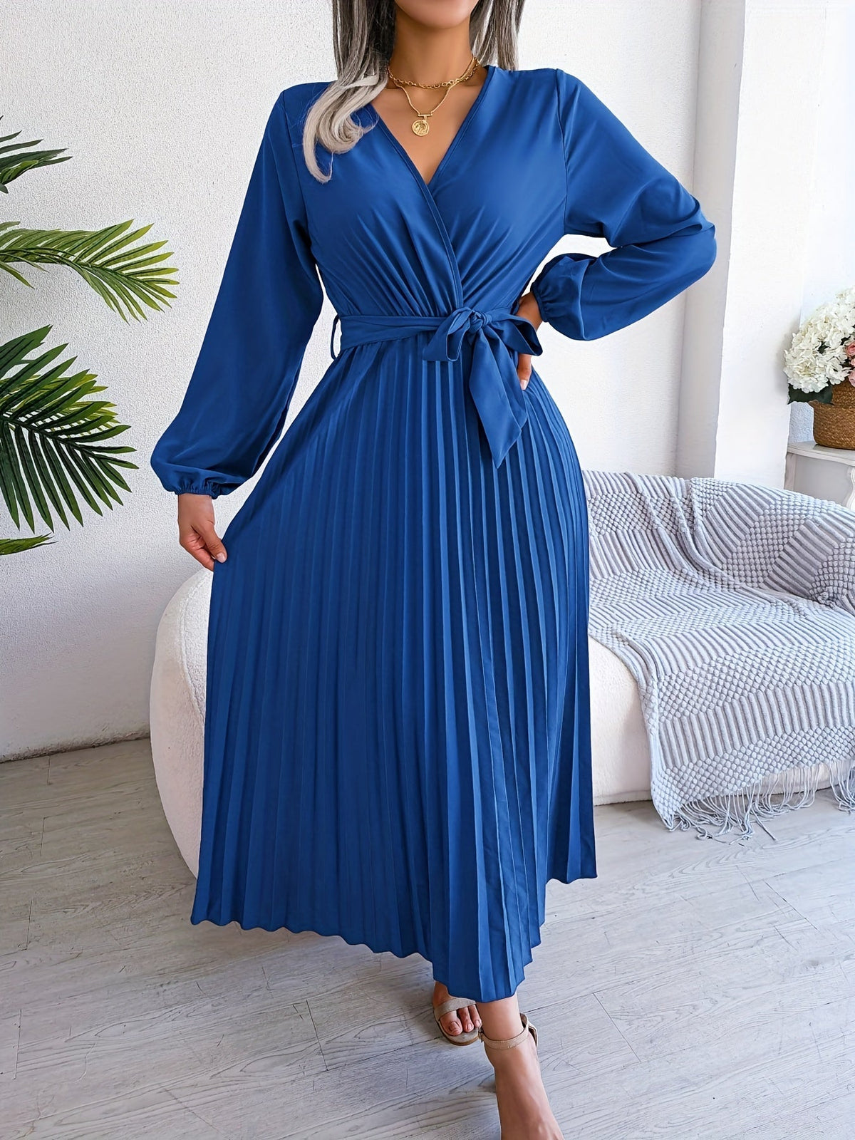 Pleated Surplice Neck Dress, Elegant Long Sleeve Solid Dress, Women's Clothing