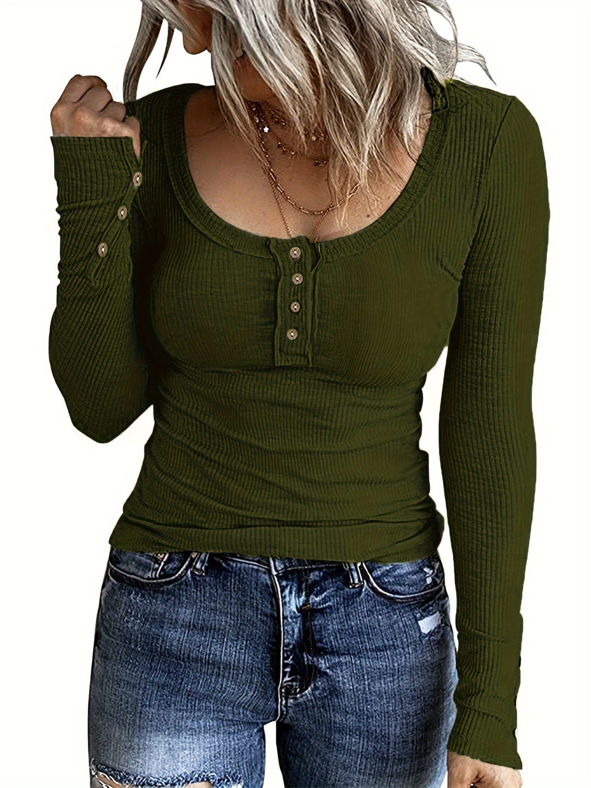 Casual Button Scoop Neck T-shirt, Loose Long Sleeve Slim Fit Fashion T-Shirts Tops