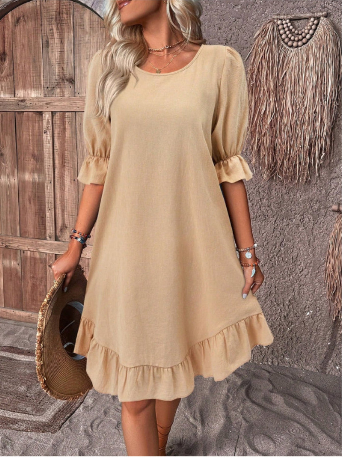 Loose Crew Neck Ruffle Dress, Casual Half Sleeve Solid Dress