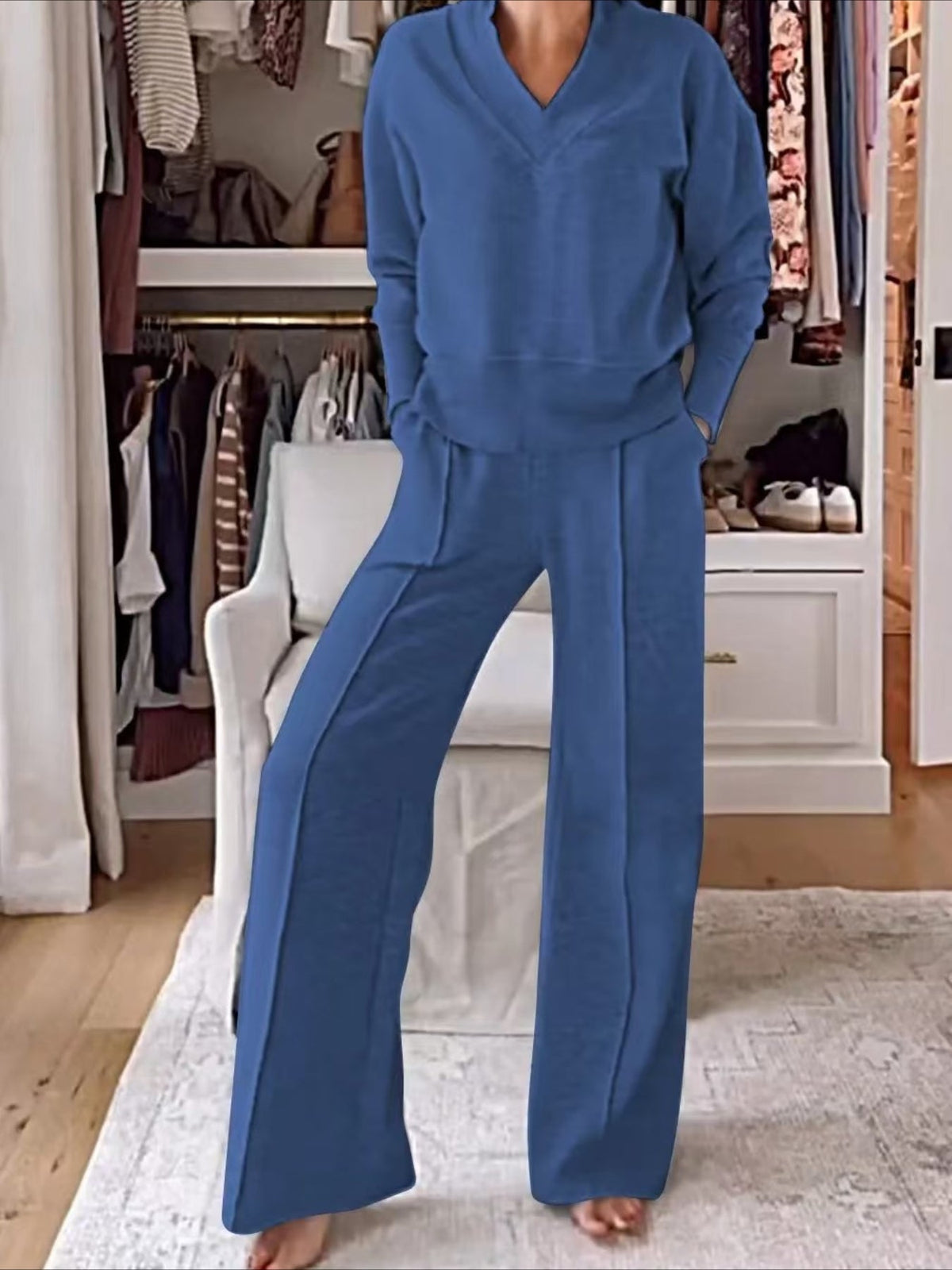 Split Joint Plain Daily Going Out Casual Spring/Fall Top With Pants Matching Two-Piece Set