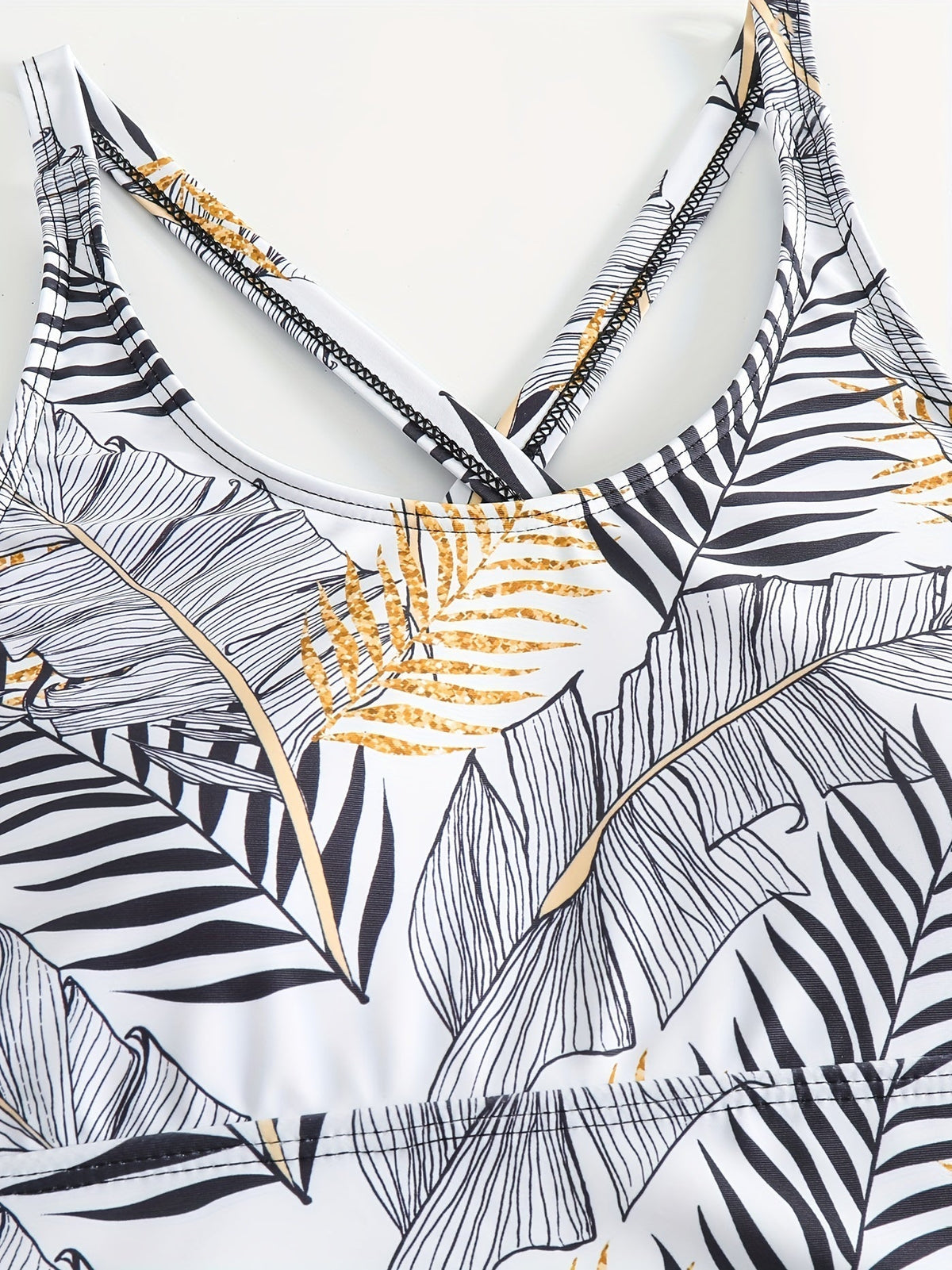 Tropical Print Round Neck Tankini Sets, Drawstring Straps Boxer Short Bottom Two Pieces Swimsuit