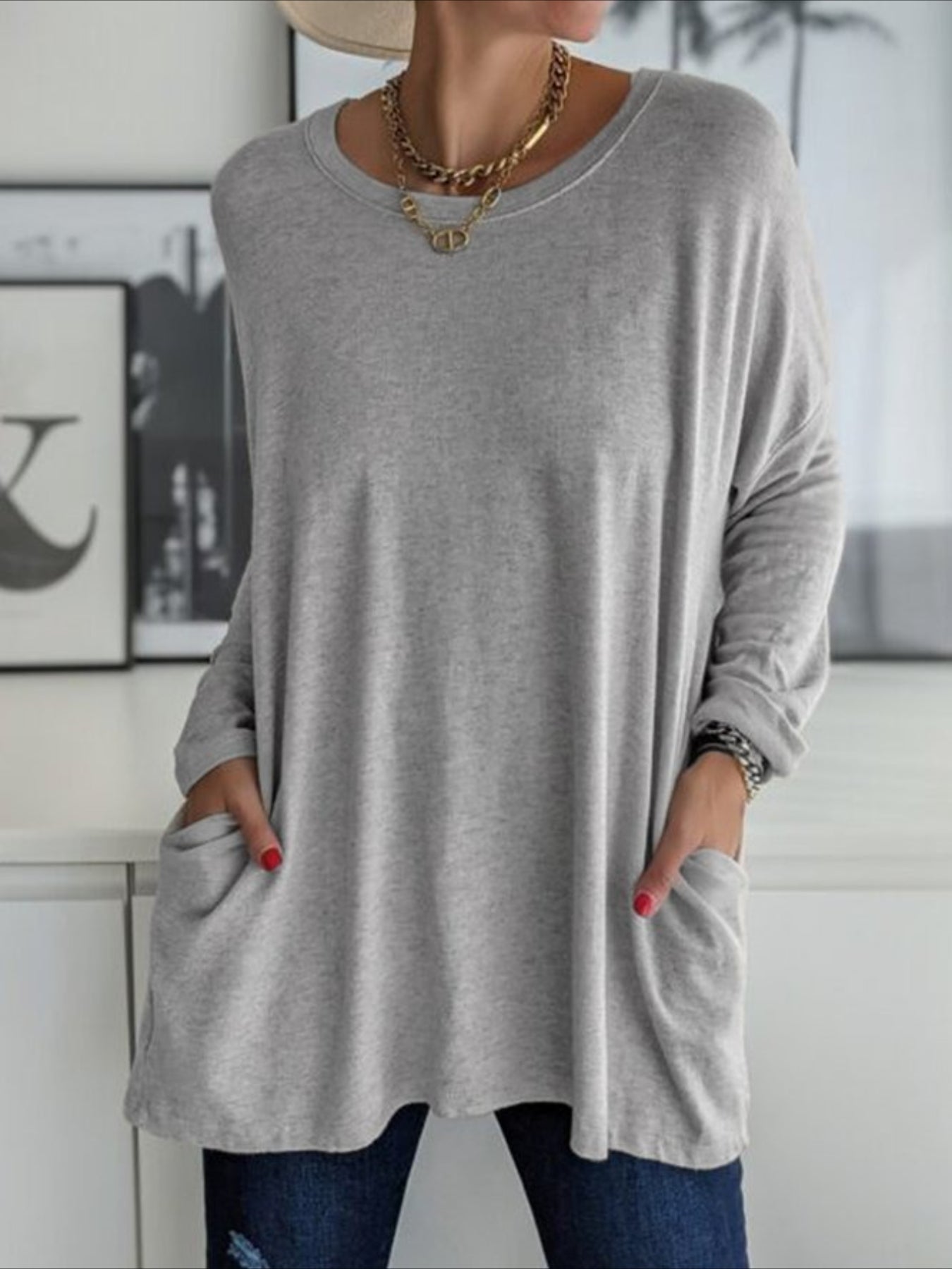 Solid Color Pocket Long Sleeve Crew Neck Top