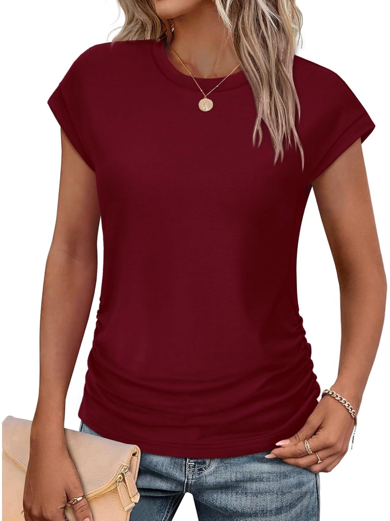 Solid Color Crew Neck Ruched Cap Short Sleeve T Shirts