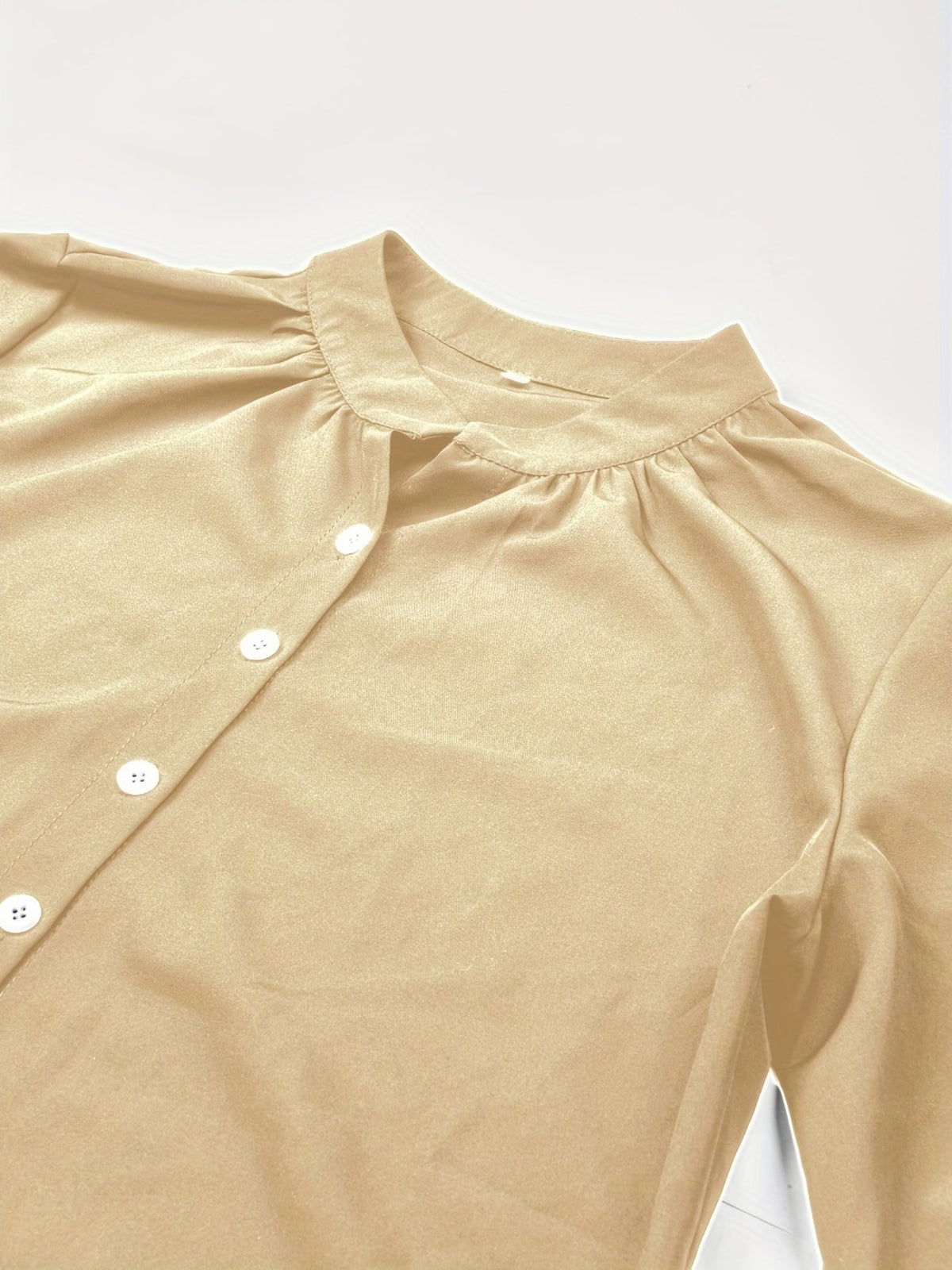 Solid Button Front Blouse, Casual Stand Collar Long Sleeve Blouse