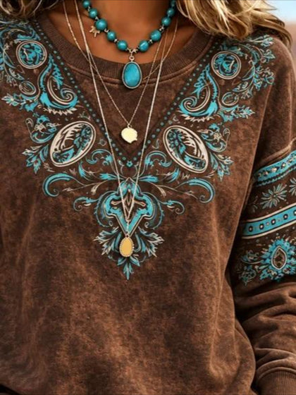 Western Style Ethnic Regular Fit Crew Neck Abstract Casual Sweatshirt