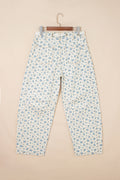 Beige Grommet Knot Waist Floral Barrel Leg Jeans