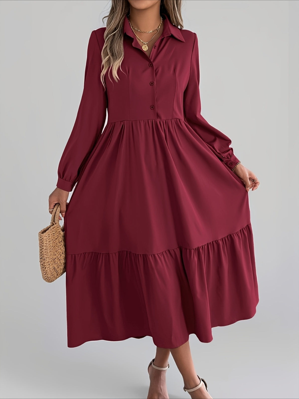 Elegant Solid Color Ruffle Hem Long Sleeve Lapel Collar Midi Dress