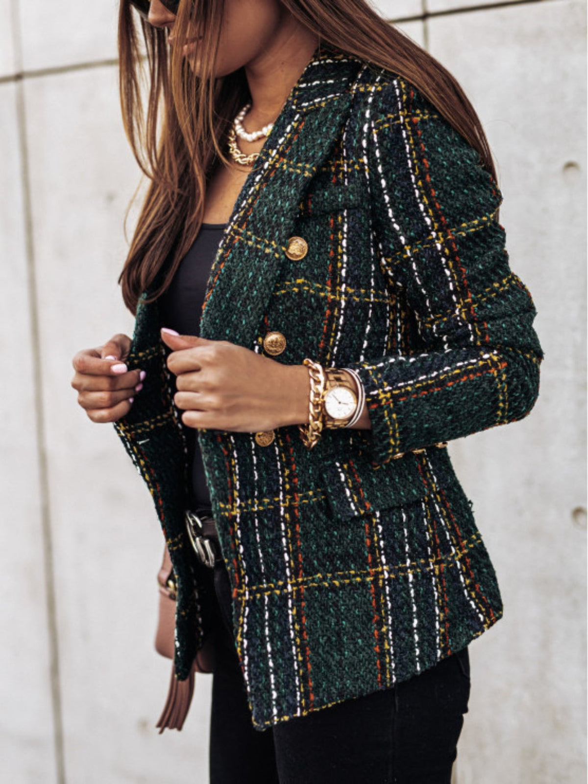 Double-breasted Notched Lapel Blazer, Elegant Plaid Tweed Long Sleeve Blazer For Office & Work