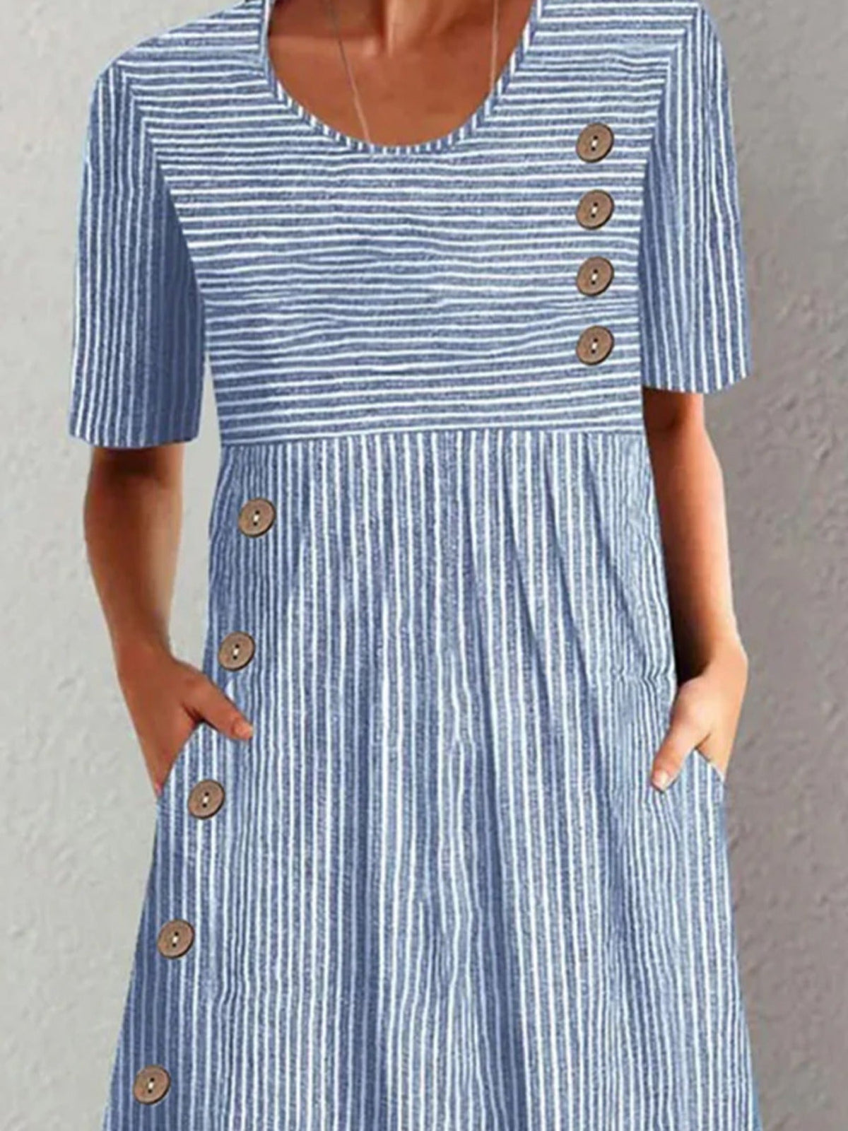 Women Striped Crew Neck Short Sleeve Comfy Casual Buckle Midi Dress