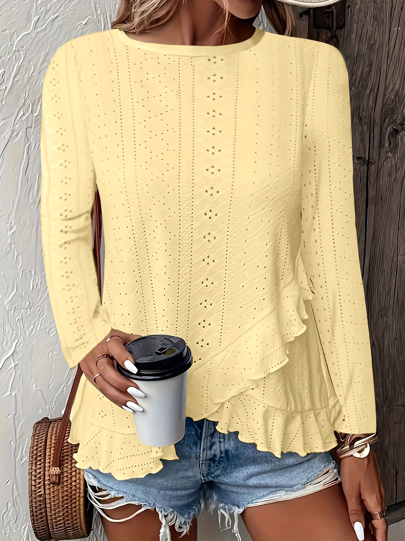 Stylish Asymmetrical Ruffle Hem Long Sleeve Top - Elegant Embroidered Solid Clothing