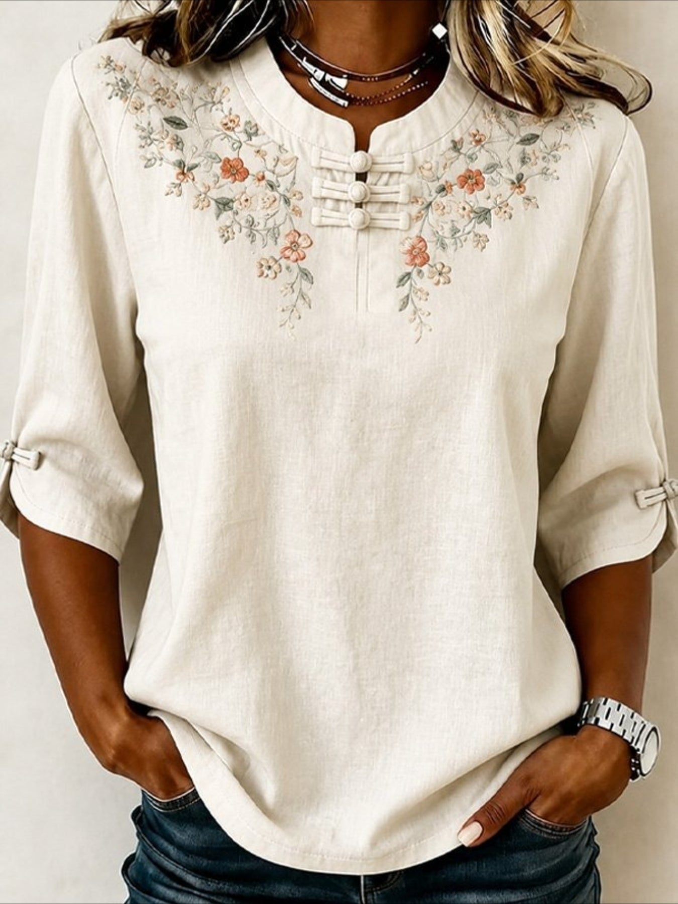 Half Sleeve Floral Buckle Mandarin Collar Blouse
