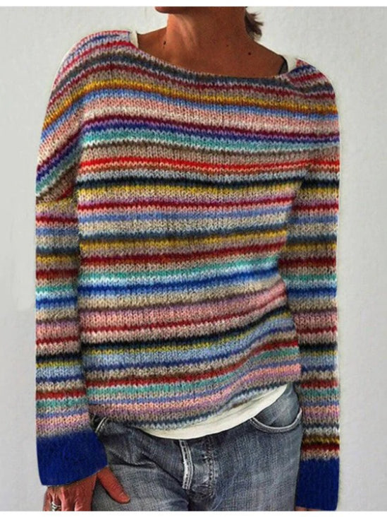 Elegant Color-Block Round Neck Long Sleeve Pullover Sweater