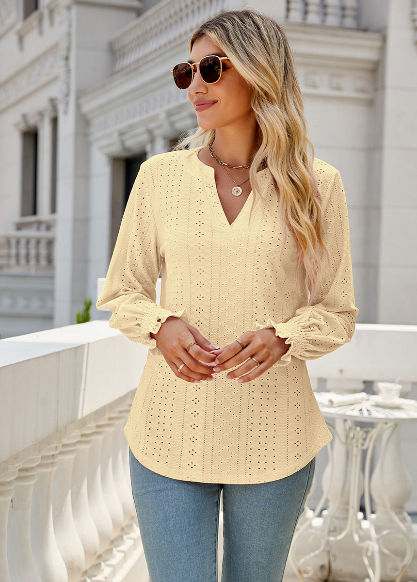 Solid Color Hollow Pleated Ruffle Sleeve V-Neck Loose Long Sleeve Top