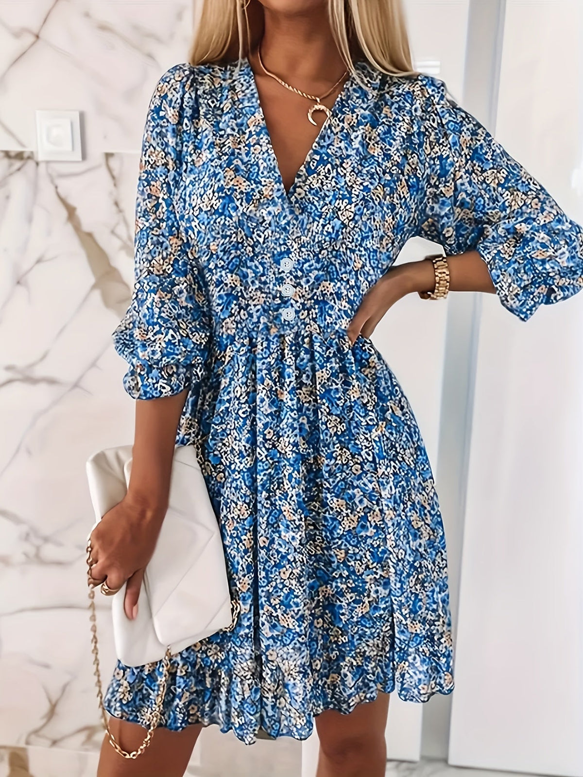 Ditsy Floral Print Dress, Casual V Neck Layered Ruffle Trim Dress With Buttons