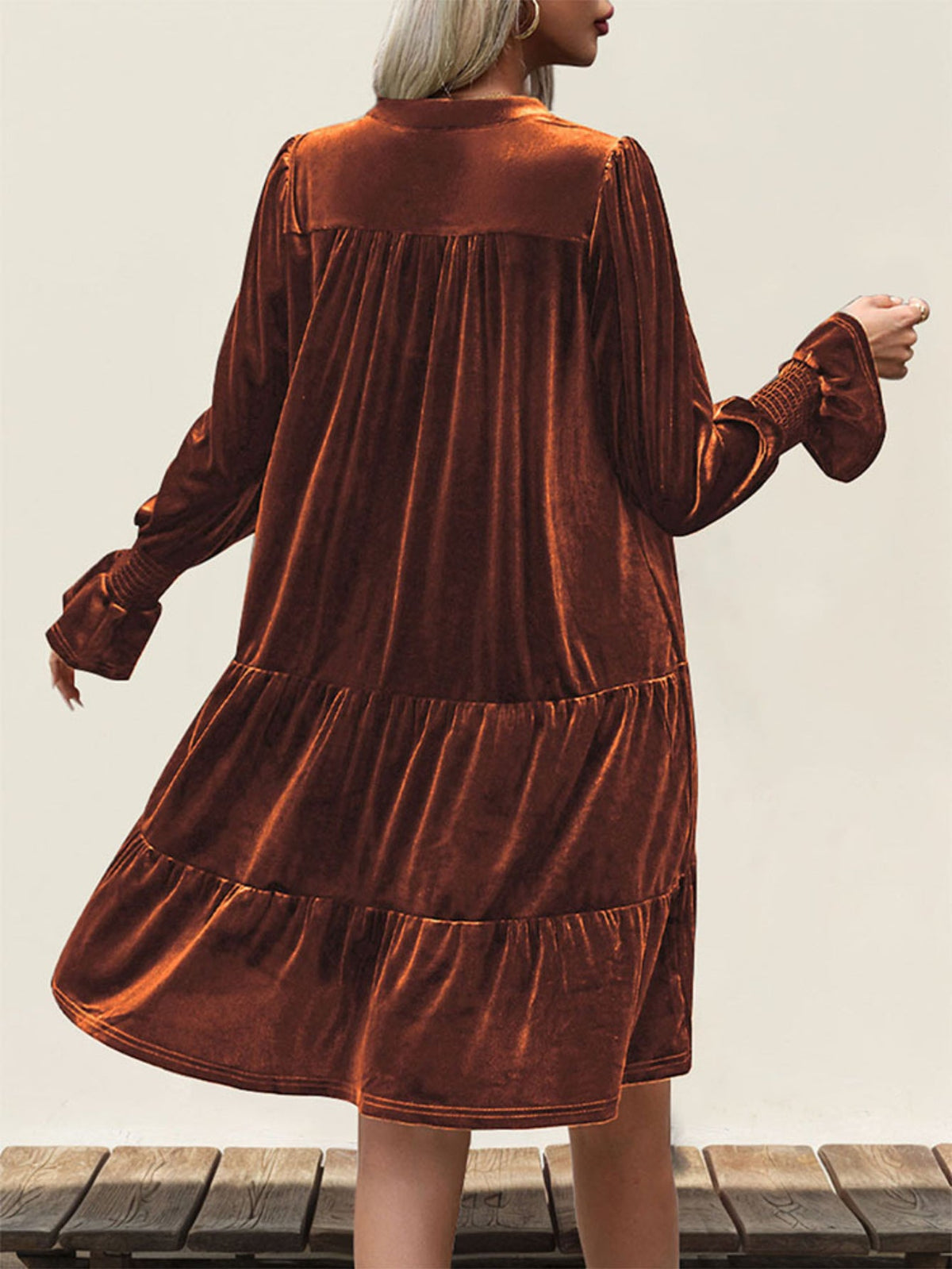 Women's Layered Hollow-Out Long Sleeve Dress, Elegant V-Neck, Solid Color, Adult Fashion Dress