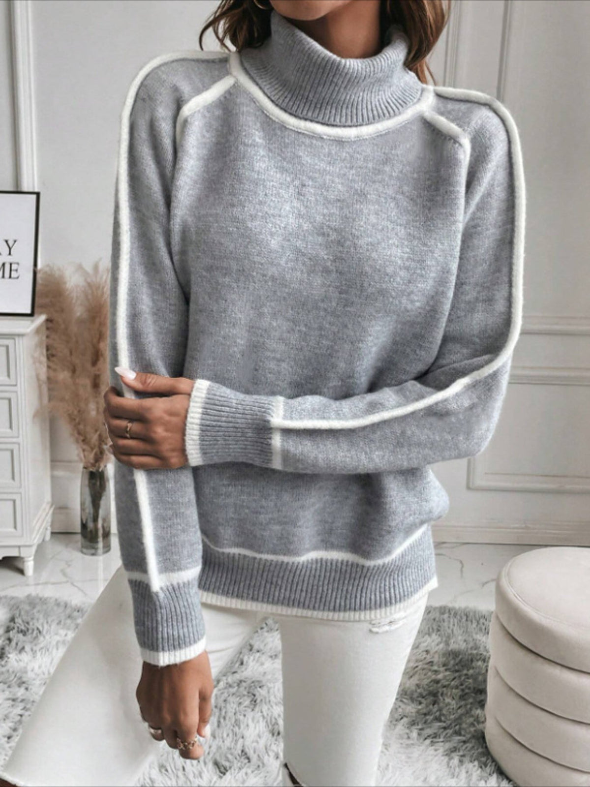 Stylish Contrast Trim Turtle Neck Sweater - Cozy Casual Long Sleeve Sweater