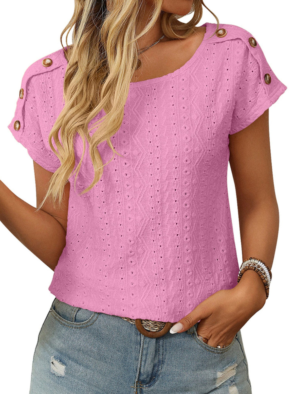 Solid Color Round Neck Shoulder Button Embroidery Hollow Short Sleeved T-shirt