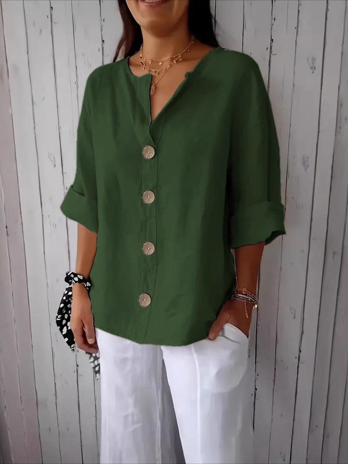 V-Neck Button-Up Solid Color Short Sleeve Loose Fit Short Sleeve Shirt
