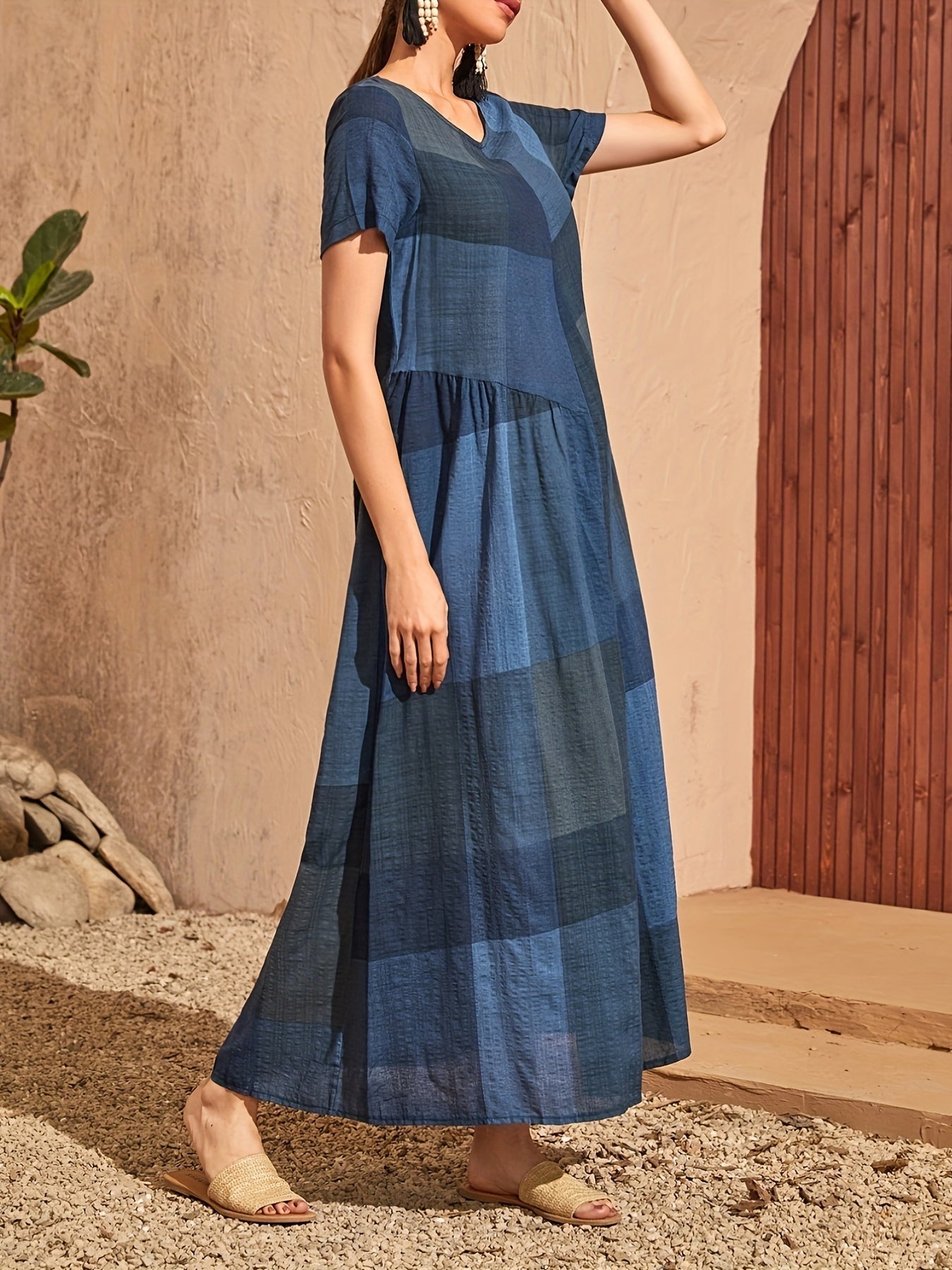 Loose Color Block Dress, Crew Neck Short Sleeve Vacation Dress, Casual Every Day Dress