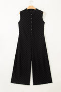 Black Half Buttons Sleeveless Wide Leg Textured Jumpsuit