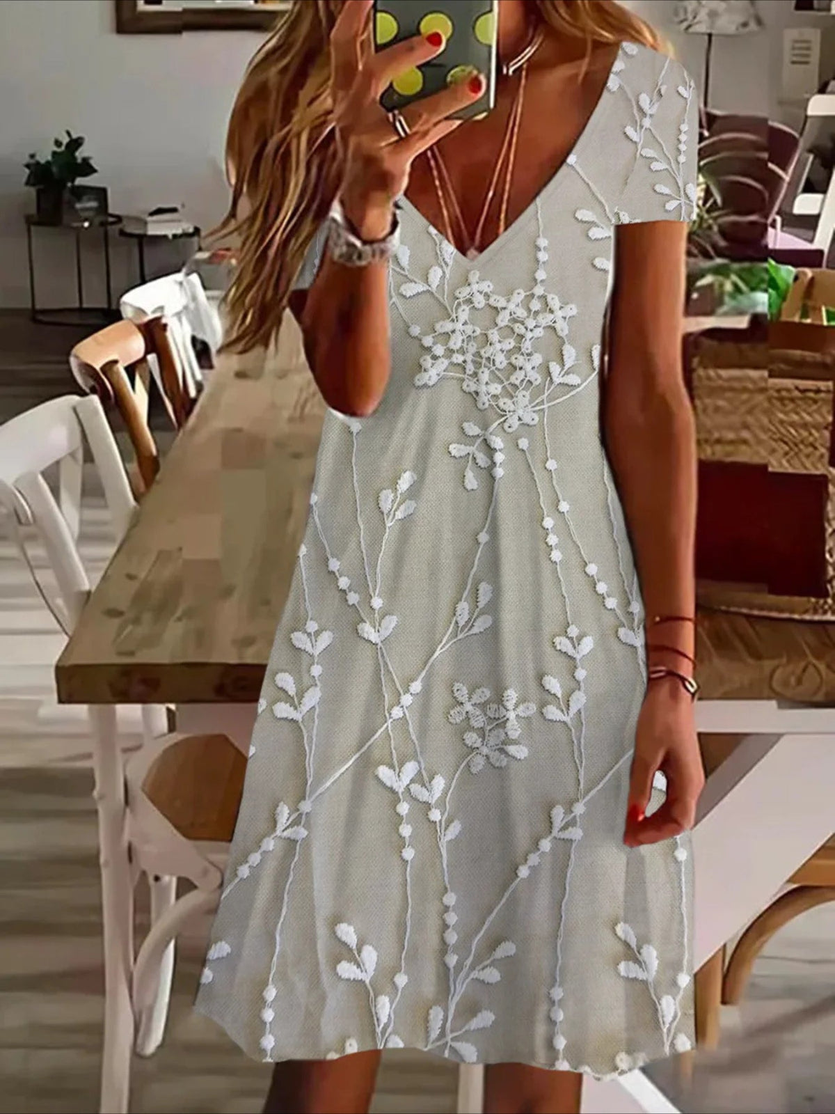 Loose V-neck Printed Short Sleeve Dress