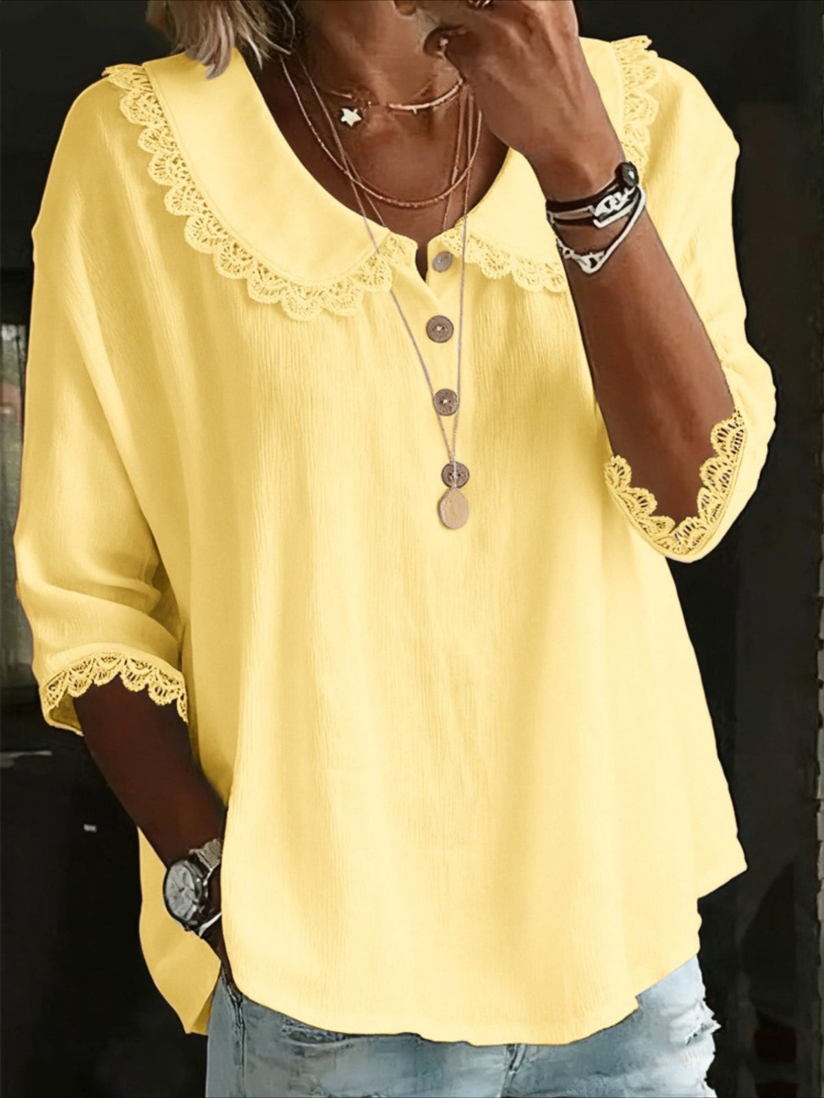 Solid Color button-down shirt with a collared lace trim