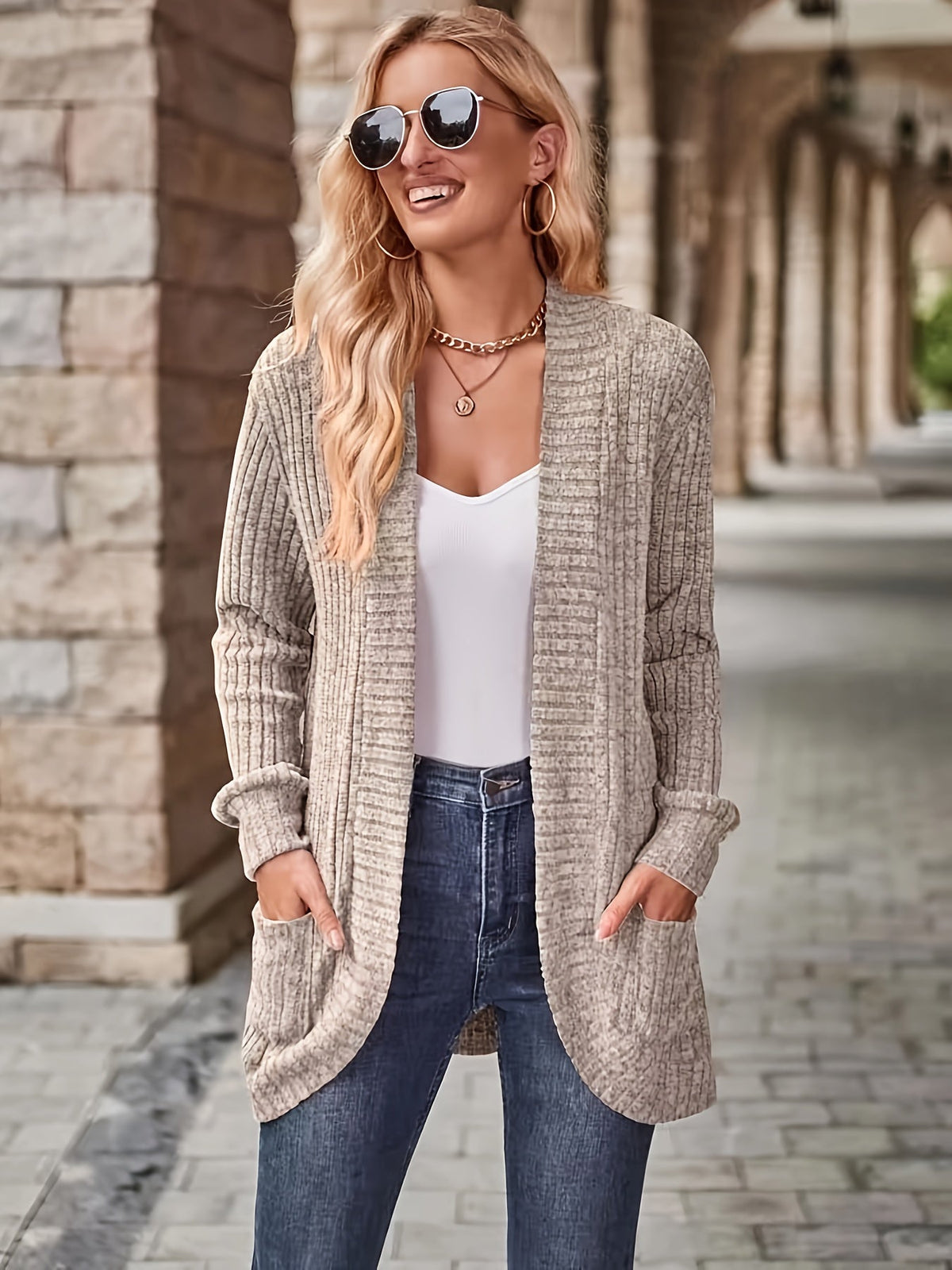Solid Open Front Cardigan, Casual Long Sleeve Drop Shoulder Outwear