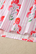 Pink Floral Striped Print Tie Notched Neck Puff Sleeve Flared Mini Dress