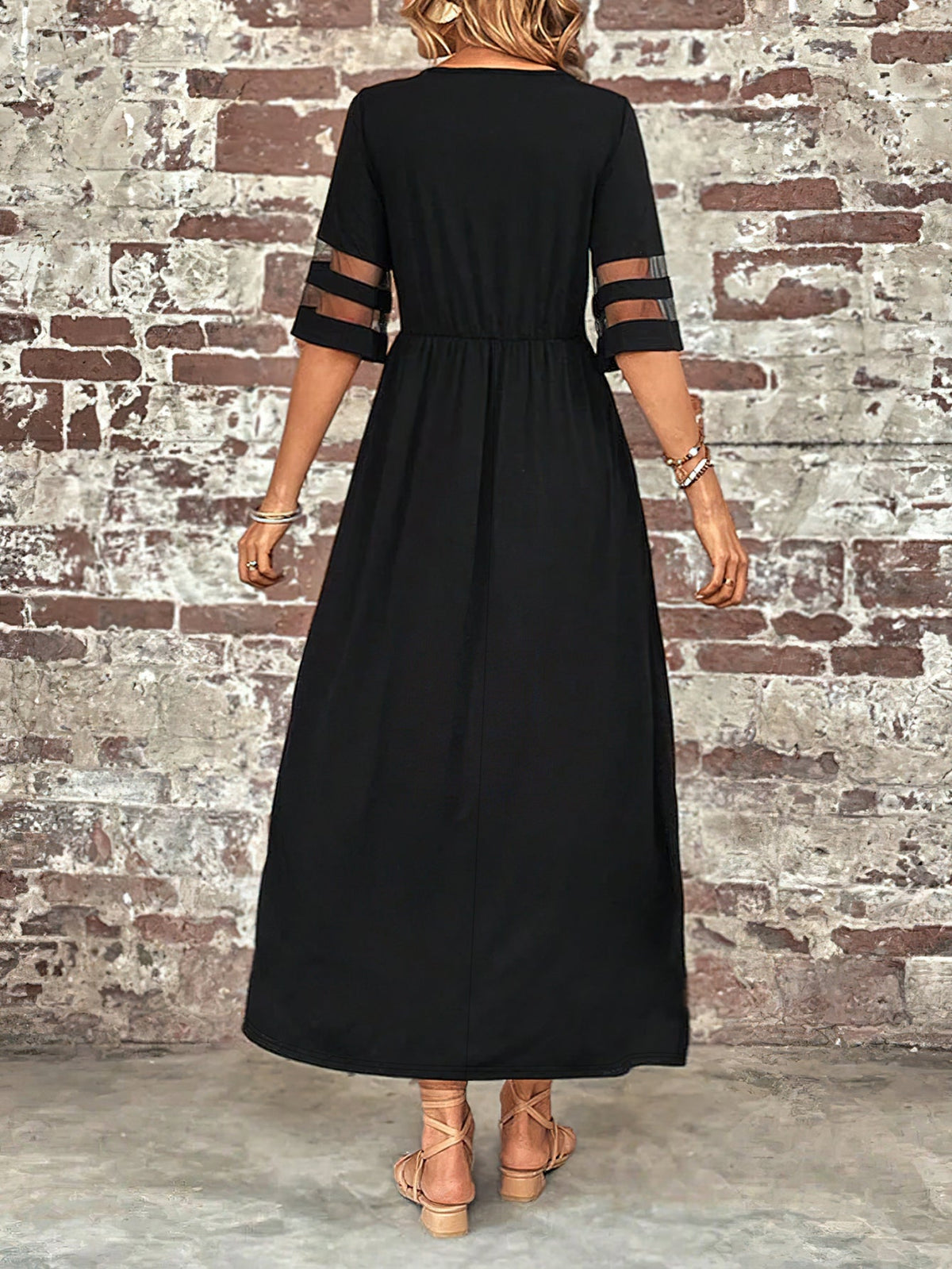Elegant Crew Neck Solid Color Slimming Mesh Panel Maxi Dress