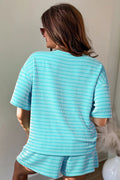Sky Blue Stripe Raised Rib Loose Tee Drawstring Elastic Waist 2pcs Short Set