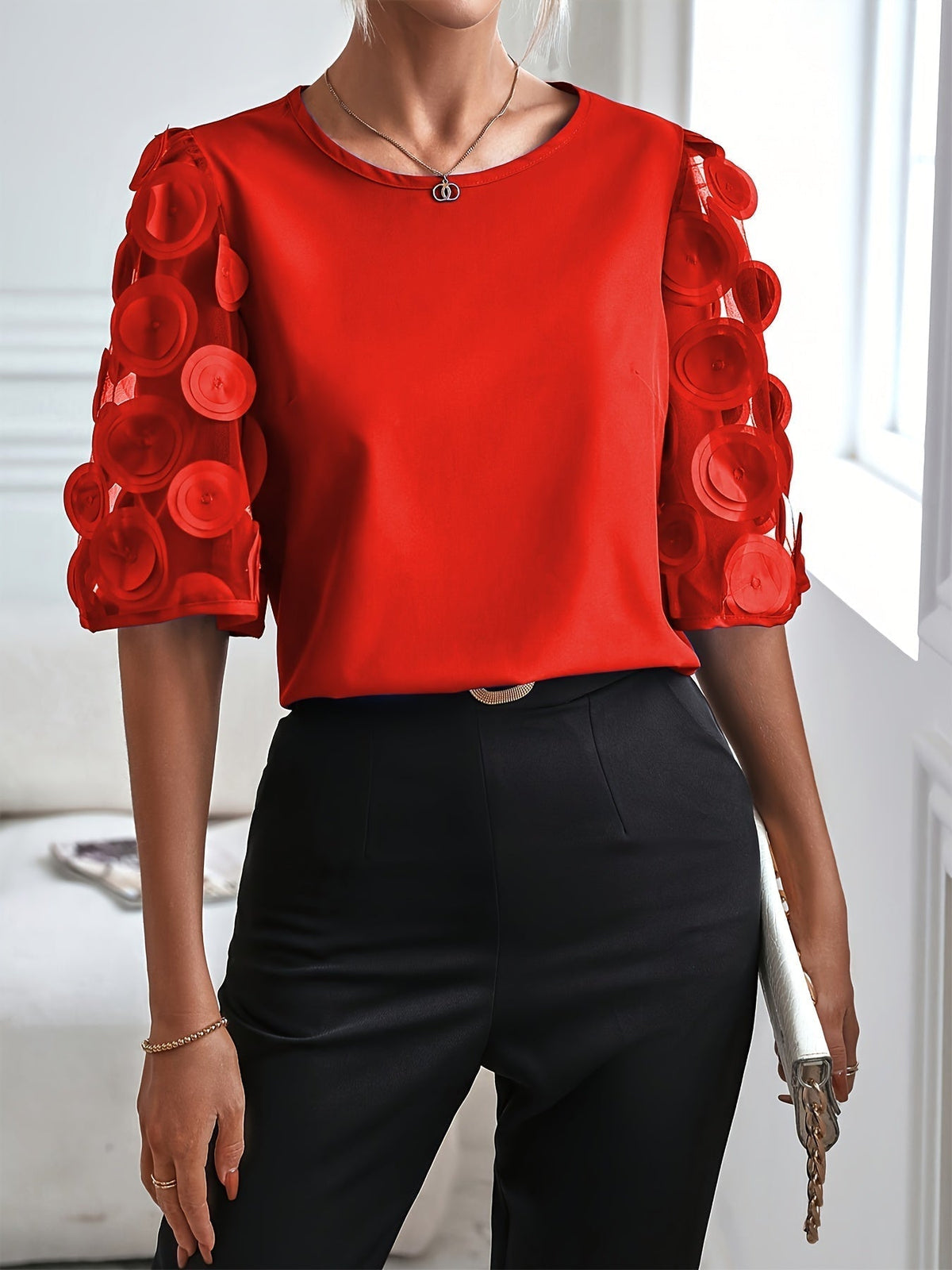 Women's Solid Applique Blouse with Half Sleeves and Mesh Splicing