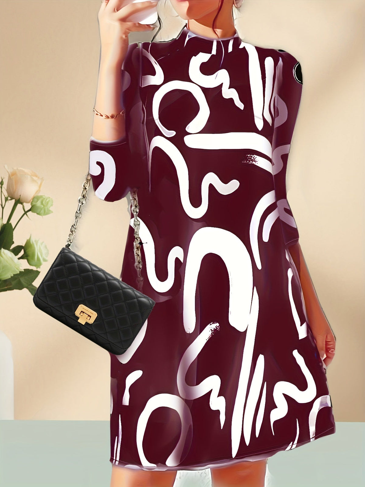 Abstract Print 3/4 Sleeve Dress, Casual Mock Neck Simple Dress