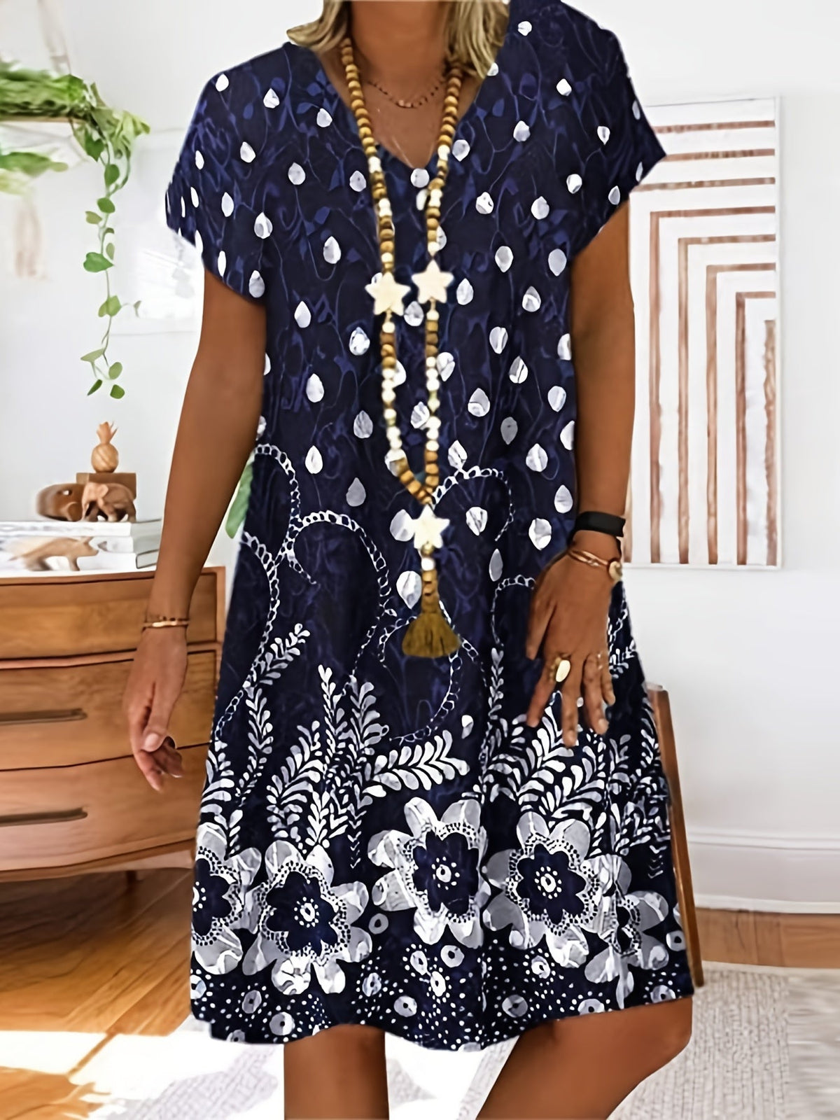 Retro Print Loose Long Dress, Short Sleeve V-neck Waist Summer Dresses
