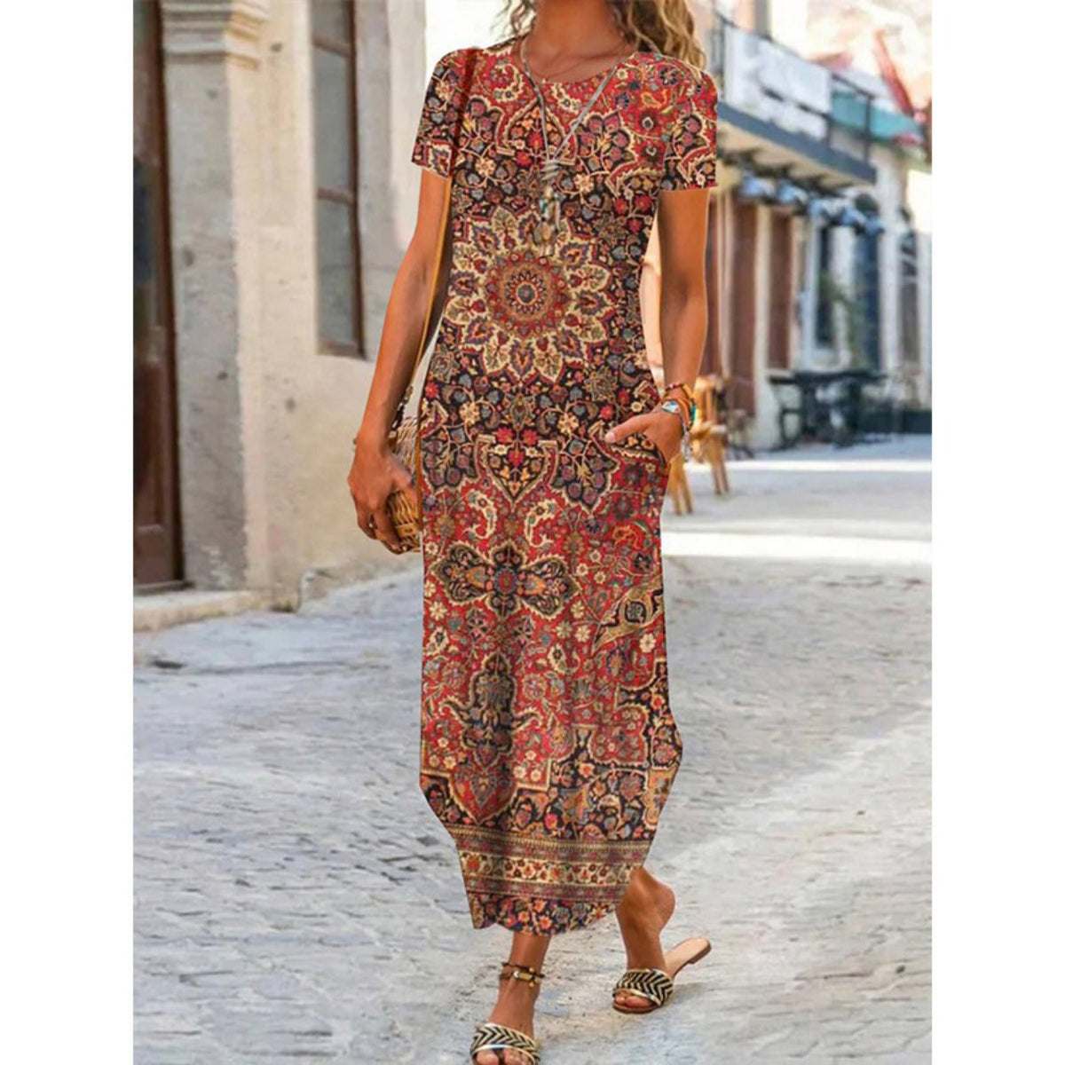 Boho Paisley Print Crew Neck Dress, Casual Short Sleeve Dress