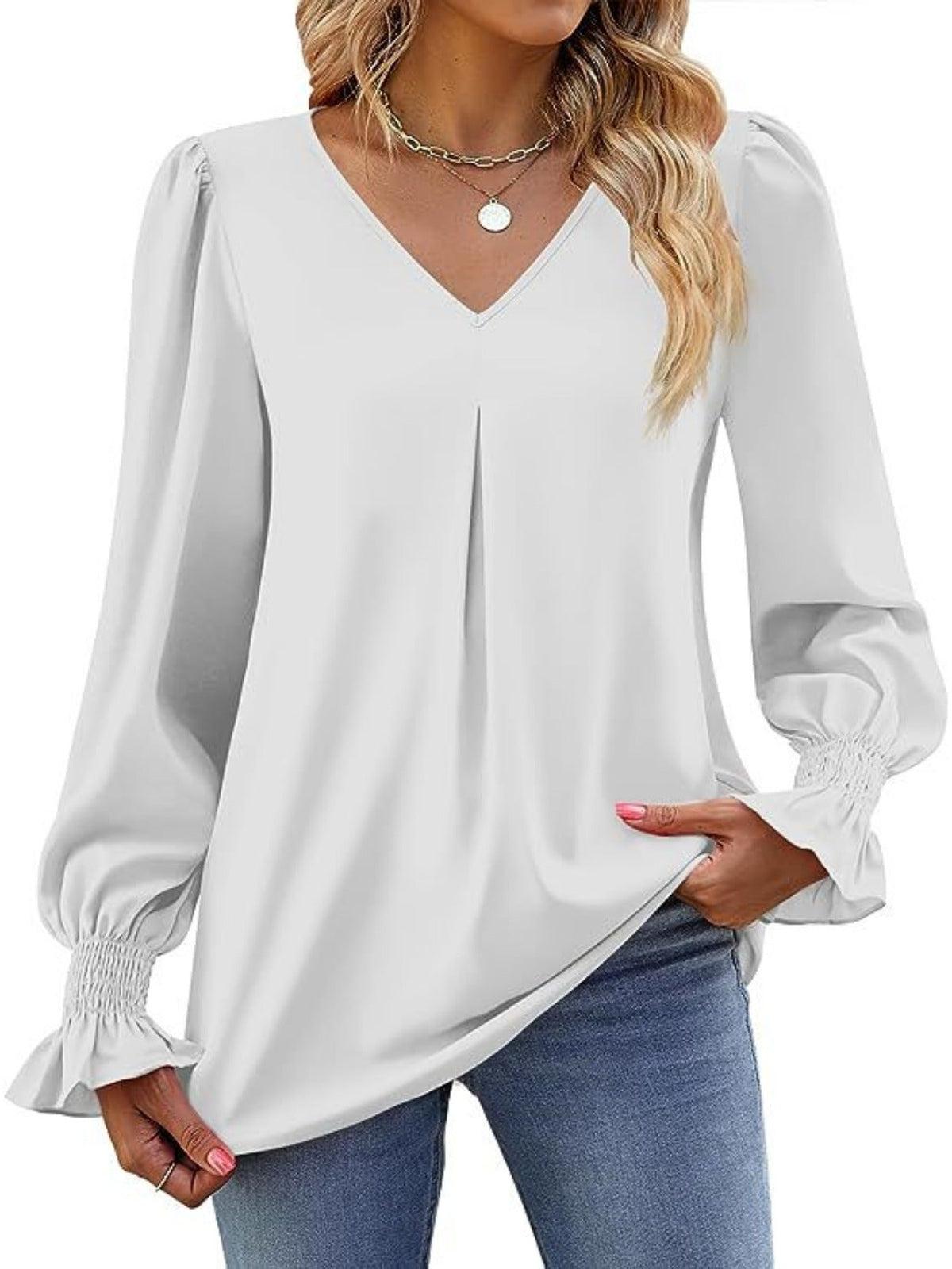 Solid V Neck Simple Blouse, Elegant Long Sleeve Ruched Blouse