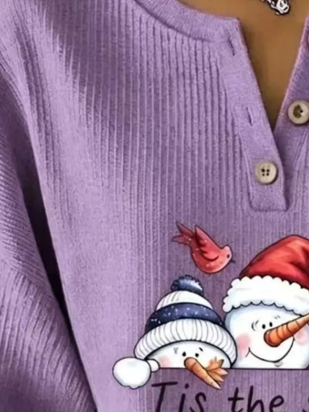 Christmas Themed Snowman Graphic Ribbed Henley Sweatshirt