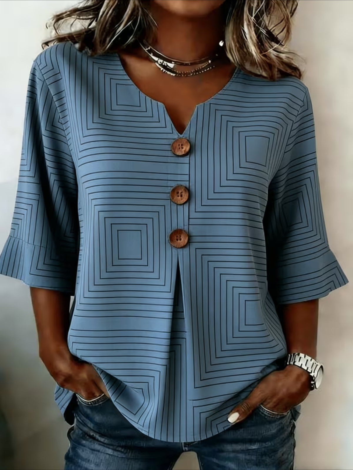 Striped V Neck Button Short Ruffle Sleeve Casual Top