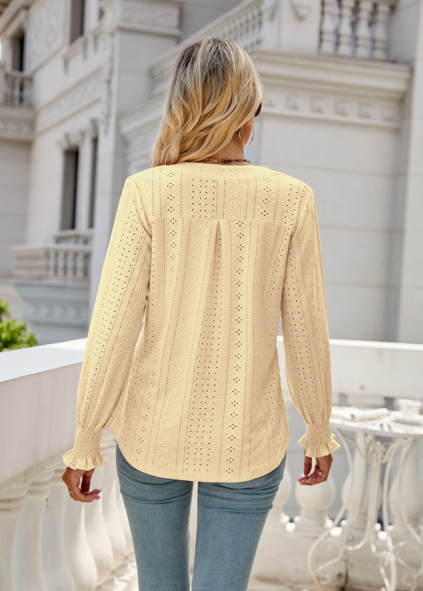 Solid Color Hollow Pleated Ruffle Sleeve V-Neck Loose Long Sleeve Top