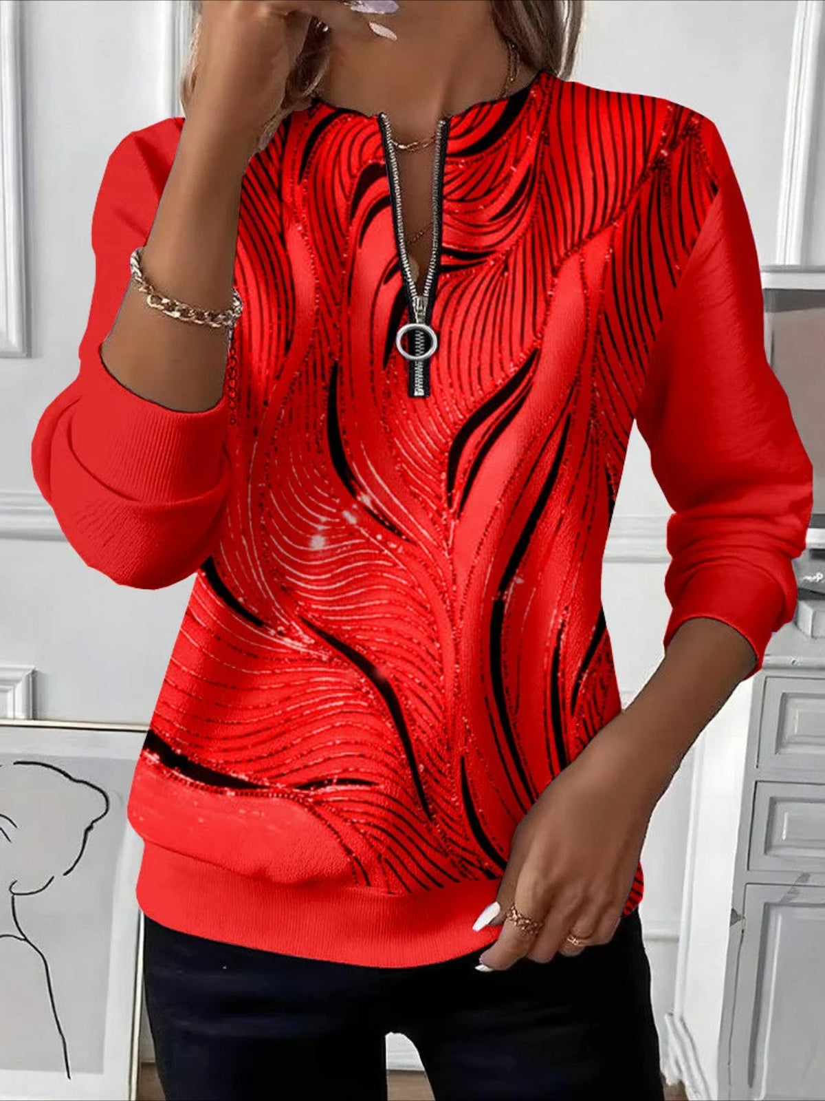 Retro Art Graphic Design Long Sleeve Center Front Zip Sweatshirt