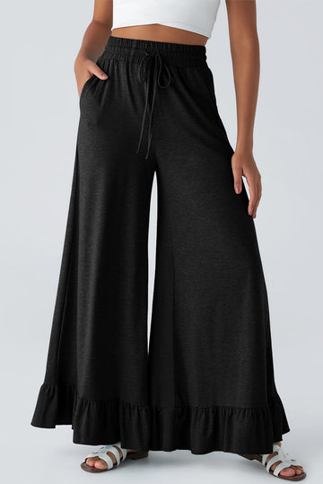 Black Ruffled Wide Leg Pull On High Waist Pants with Pockets