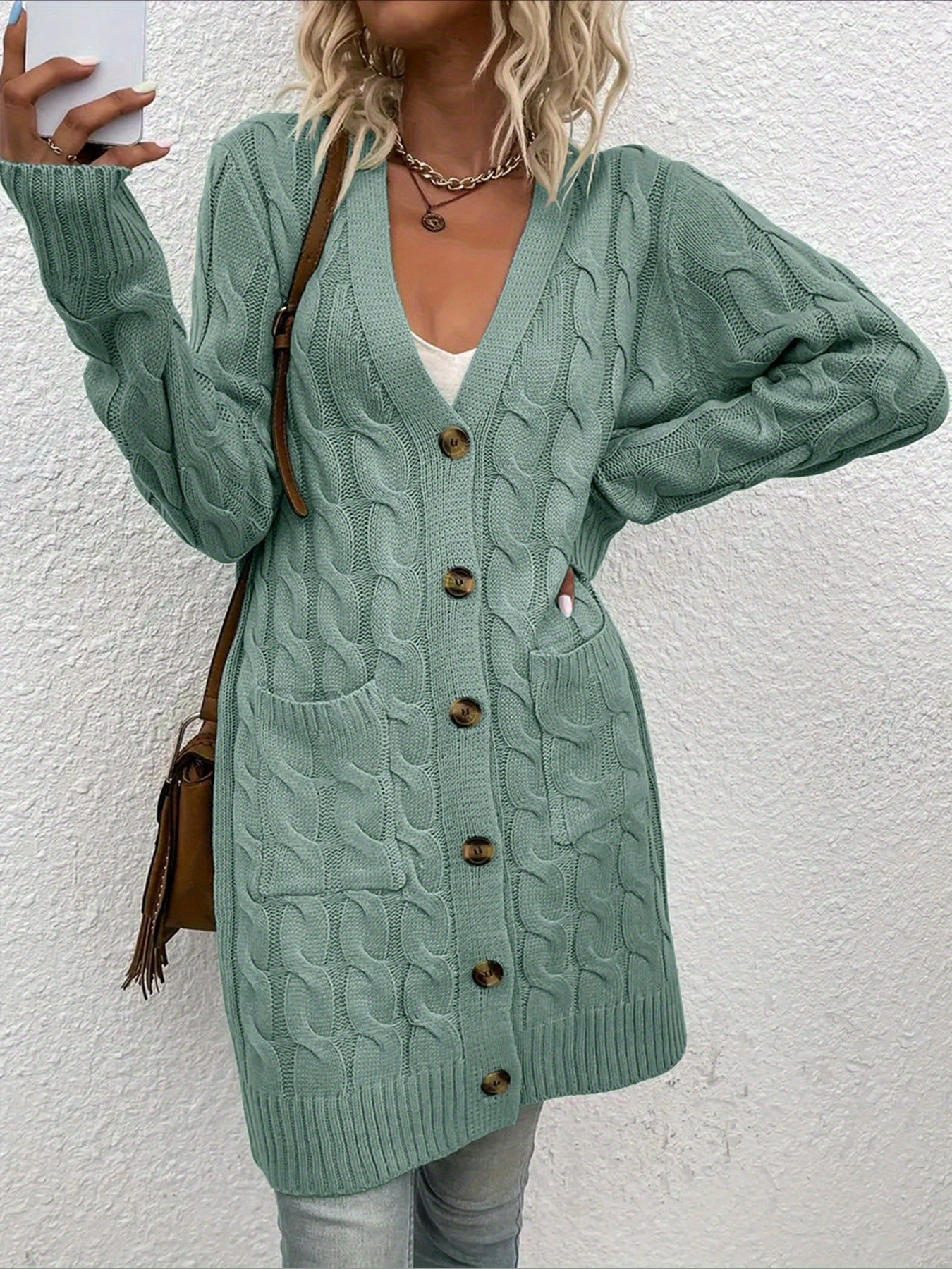 Elegant Long Nylon Soft Warm V-Neck Long Sleeves Sweater with Button Front