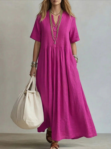 V-neck Short Sleeve Pleated Design Casual Loose Fit Maxi Dress