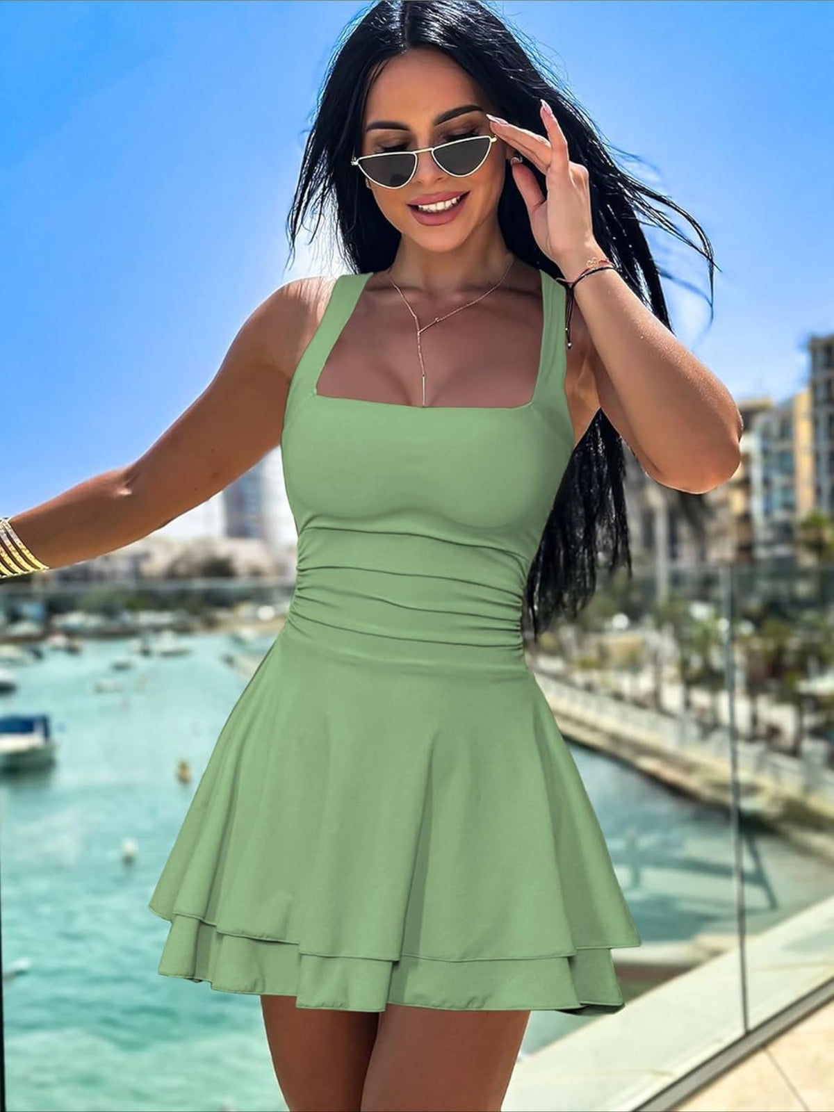 Solid Color Square Neck Ruffle Hem Ruched Waist Mini Dress