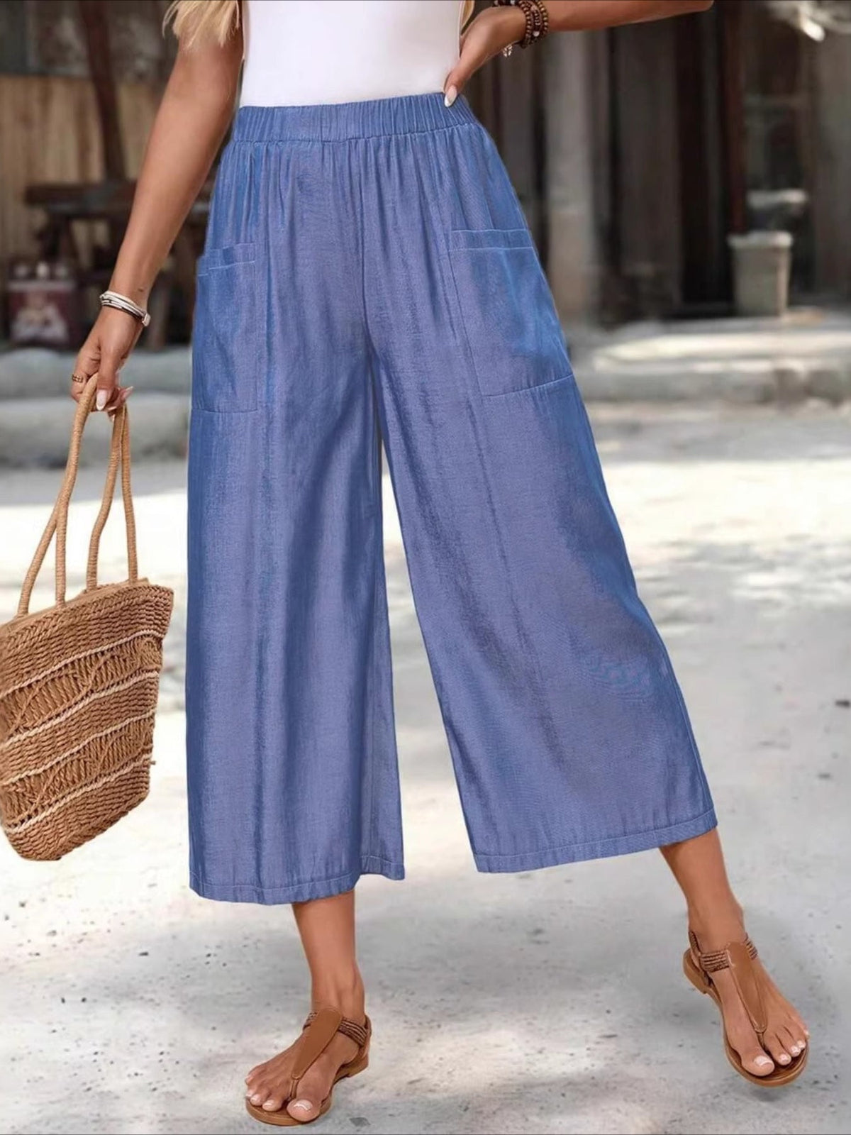 Solid Color Elastic Waist Y Casual Wide-Leg Ankle Pants