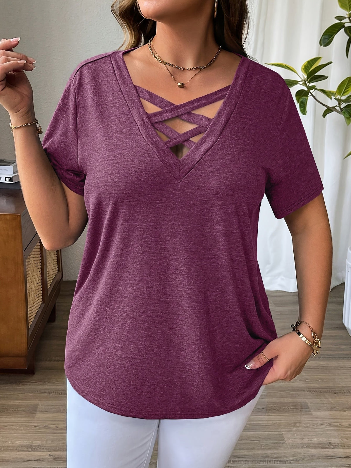 Solid Color T-Shirt with Crisscross V-Neck and Short Sleeves