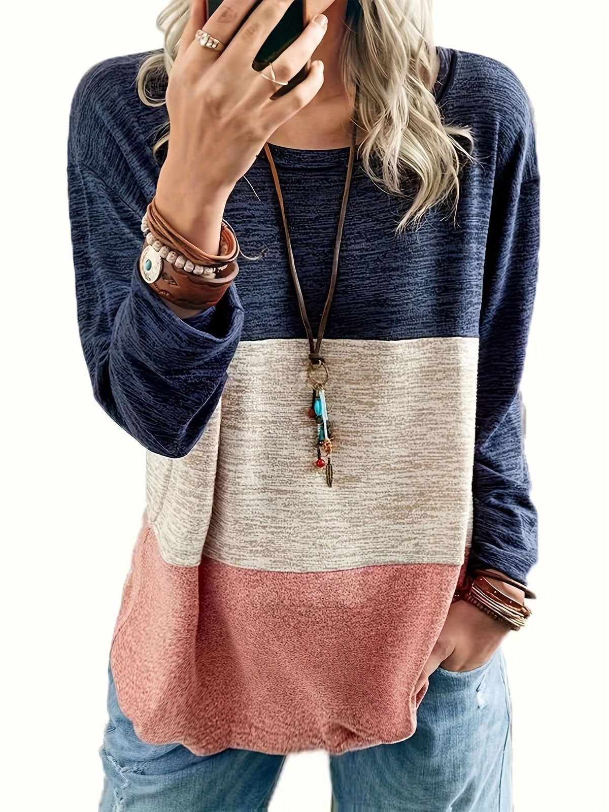 Women's Colorblock Long Sleeve Round Neck Medium Stretch Top
